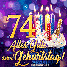 Die Zahl 74 in Gold neben einem mit Streuseln verzierten Muffin. Brennende Kerzen und die goldene Schrift auf lila Lichterhintergrund.