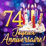 Animation d'anniversaire 74 ans montrant le chiffre 74 en or brillant, un cupcake et des effets de lumière lila.