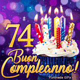 Animazione di compleanno 74 anni mostrante il numero 74 in oro brillante, un cupcake ed effetti di luce viola.