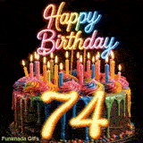 Animated GIF of a revolving rainbow birthday cake with bright candles and glowing gold number 74 on black background.