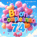 Palloncini colorati a forma di stella e rotondi si spostano nel cielo. L'iscrizione 3D Buon Compleanno si trova sopra il numero azzurro 74.