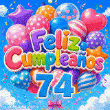 Animación de cumpleaños 74 años mostrando el número 74 azul, globos de lunares y rayas meciéndose en el cielo.