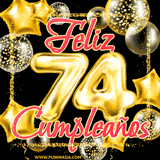 A large of balloons in various shapes, sizes, and colors with the words 'Happy Birthday' and a number 74