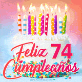 GIF animado con un pastel blanco decorado con confites y velas de colores encendidas, acompañado de la frase 'Feliz 74 cumpleaños' sobre un fondo alegre.