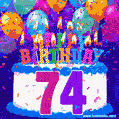 74th Birthday Cake gif: colorful candles, balloons, confetti and number 74