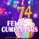 GIF animado de un cupcake decorado con confites, dos velas doradas encendidas formando el número 74, sobre un fondo púrpura brillante con destellos.