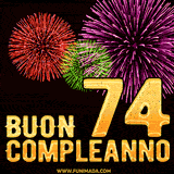 Animazione di fuochi d'artificio colorati con il numero 74 in oro brillante e la scritta 'Buon Compleanno' su uno sfondo nero festivo ed elegante.