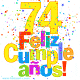 GIF festivo lleno de confeti de colores, el número 74 grande en amarillo y la frase 'Feliz cumpleaños' en letras multicolores y brillantes.