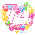 Colorful heart-shaped balloons frame GIF for a 74th birthday celebration