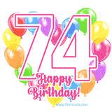 An animated birthday greeting card with a large '74' in pink outline surrounded by colorful balloons heart-shaped frame, and 'Happy Birthday!' written below in hand-written font.