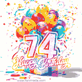 Animated star-shaped confetti, multicolor balloons, and a gift box in a joyful 74th birthday GIF