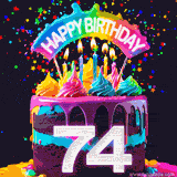 Chocolate cake with cyan layers, pink dressing and a big number 74 adorned with vibrant multicolored frosting, lit candles, and a rainbow topper with text that says 'Happy Birthday'. Animated colorful confetti move behind the cake.