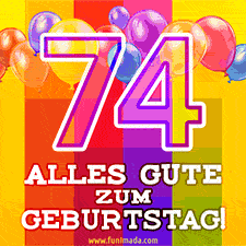 Große Zahl 35 in Umrissschrift, die Worte 'Alles Gute zum 74. Geburtstag', mehrfarbige animierte Ballons und lebendiger Hintergrund.