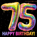 Shiny number 75 birthday celebration balloons with an iridescent glow and glitter on a black background with twinkling stars.