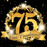 Il numero 75 è circondato da un anello dorato brillante, accompagnato da un nastro elegante con la scritta 'Buon Compleanno!' su uno sfondo scuro.