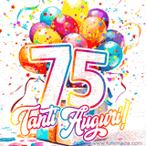Animazione con palloncini colorati e scintillanti, accompagnata dal numero 75 in caratteri grandi e luminosi, e la scritta 'Tanti Auguri!' in stile vivace.