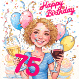 An animated birthday GIF featuring a smiling cartoon woman holding a glass of wine. Text reads 'Happy Birthday 75' surrounded by colorful balloons and confetti.