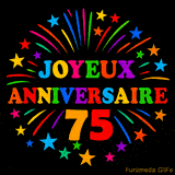 GIF animé 'Joyeux Anniversaire 75' avec des lettres colorées et des feux d'artifice éclatants