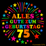 Animiertes GIF 'Alles Gute zum Geburtstag 75 mit bunten Buchstaben und leuchtenden Sternen