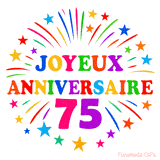 GIF animé joyeux anniversaire 75 ans avec étoiles multicolores et feu d’artifice