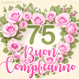 GIF per il 75° compleanno con un cuore di rose rosa e scritta elegante