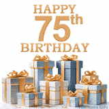 Festive animated eCard with elegant 'Happy 75th Birthday' text above a pile of luxurious blue, white, and gold gift boxes and presents.