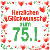 Animierte Grafik mit dem Spruch „Herzlichen Glückwunsch zum 75.!“. Der Text ist von einem funkelnden Rahmen aus roten Herzen und grünen Blättern auf weißem Hintergrund umgeben.