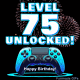 Animated GIF for a 75 birthday. The text 'Level 75 Unlocked!' and 'Happy Birthday!' are displayed over a blue video game controller with exploding fireworks in the background.