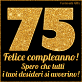 Un GIF animato per un 75° compleanno, Presenta il testo 'Buon Compleanno 75' su uno sfondo giallo vivo con palloncini colorati, festoni e una pioggia di coriandoli.