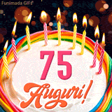 Un'animazione celebrativa di una torta di compleanno per i 75 anni, Le fiamme delle candeline tremolano e delle scintille brillano intorno, creando un'atmosfera festosa e magica.