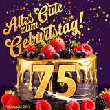 Eine köstlich aussehende animierte Geburtstagskarte für den 75. Geburtstag, dekoriert mit Erdbeeren, Blaubeeren und goldenen Details, Sterne funkeln und fallen, mit 'Alles Gute zum Geburtstag!'-Text.