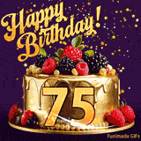A delicious-looking animated birthday card for a 75th birthday, decorated with raspberries, blackberries, and gold details, Stars sparkle and fall, with 'Happy Birthday!' text above.