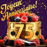 Une animation de célébration d'un gâteau de 75ème anniversaire, Des étoiles dorées tombent du ciel, mettant en valeur le texte 'Joyeux Anniversaire !' et le nombre doré 75 à l'avant du gâteau.