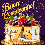 Un GIF animato di una bellissima torta per il 75° compleanno con glassa dorata e frutti di bosco freschi, Il numero dorato 75 è davanti, e stelle cadono su uno sfondo viola scuro.