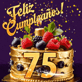 Una animación de celebración de una tarta para el 75º cumpleaños, Estrellas doradas caen del cielo, destacando el texto '¡Feliz Cumpleaños!' y el número dorado 75 en la tarta.