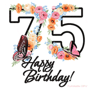 A floral 75th birthday animated greeting card. The number '75' is surrounded by animated flowers and butterflies, creating a beautiful and cheerful way to celebrate the milestone.