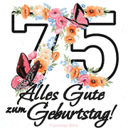 Ein florales GIF zum 75. Geburtstag. Die Zahl '75' ist von animierten Blumen und Schmetterlingen umgeben und bietet eine schöne und fröhliche Art, den Meilenstein zu feiern.