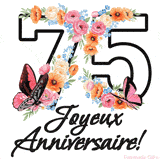 Ce GIF de Joyeux 75ème Anniversaire présente le nombre vingt rempli d'un bouquet vibrant de fleurs animées, avec des papillons qui bougent doucement sur un fond blanc.
