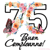 Questo GIF di Buon 75° Compleanno mostra il numero venti riempito con un vibrante bouquet di fiori animati, con farfalle che si muovono dolcemente su uno sfondo bianco.