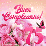 Animazione GIF per i 75 anni: rose rosa di compleanno, farfalla rosa e uno sfondo vibrante di glitter e scintille luminose.