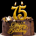 75 Birthday Chocolate Cake with Gold Glitter Number 75 Candles (GIF)