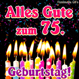 Ein GIF mit brennenden Dochten und herabrieselndem Konfetti-Schauer. Die Aufschrift wünscht Alles Gute zum 75. Geburtstag in pink-weißen Buchstaben.