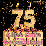 Brennende goldene Ziffer 75 auf einer Torte mit Schokoladenguss. Rosa und gelbes Konfetti wirbelt herab. Aufschrift im Bild: Alles Gute zum Geburtstag!