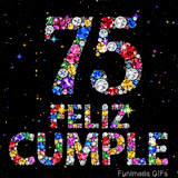 Gráfico donde el número 75 y las palabras FELIZ CUMPLE se ven compuestos por cristales multicolores en un fondo negro con tenues destellos.