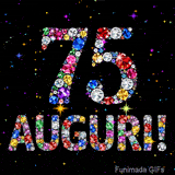 Animazione con il numero 75 e la parola Auguri creati da pietre preziose colorate, con un effetto scintillante su sfondo nero.