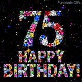 The number 75 alongside the words Happy Birthday, crafted from shimmering multi-colored gemstones, shining against a pitch-black canvas with tiny color sparks.