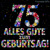Verschiedenfarbige Kristalle bilden die Ziffer 75 sowie die Worte Alles Gute zum Geburtstag auf einem schwarzen, sternengefüllten Hintergrund.