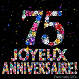 Image animée montrant le chiffre 75 et le texte Joyeux Anniversaire composés de pierres précieuses, avec un effet de scintillement sur fond noir.