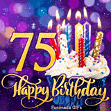 The golden digit 75 next to a cupcake with sprinkles and lit candles. Happy Birthday is written in cursive gold over a blurry purple background.