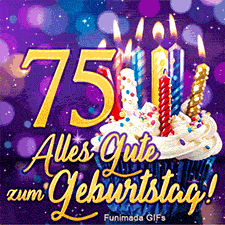 Goldener Schriftzug 'Alles Gute zum Geburtstag!' unter der markanten 75. Ein Cupcake mit Kerzen vervollständigt das Motiv vor violettem Hintergrund.